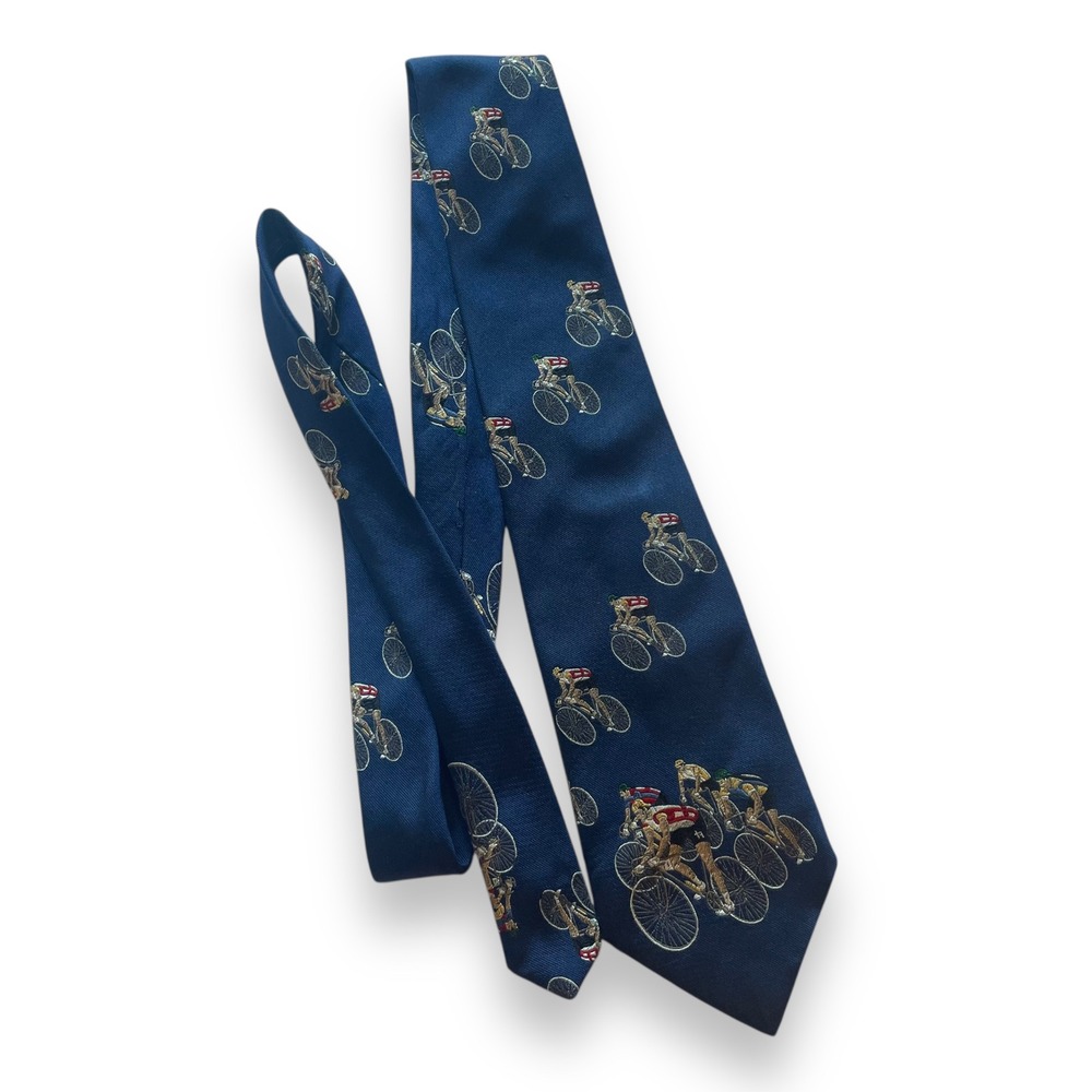 Polo Ralph Lauren Navy Blue Silk Cycling Bicycle Race Print Necktie Handmade USA